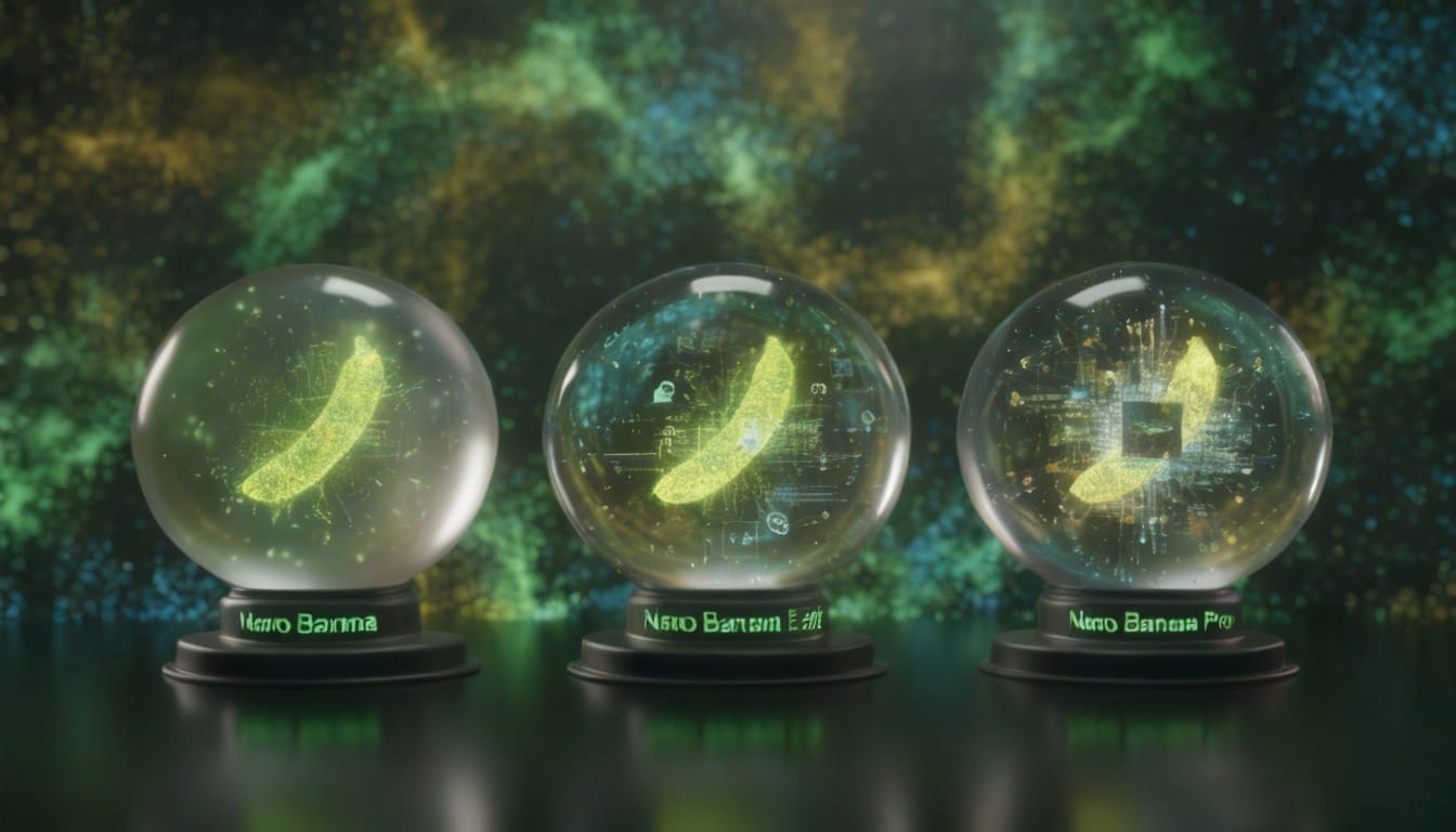 Three symbolic orbs representing Nano Banana, Nano Banana Edit and Nano Banana Pro, gradually increasing in clarity
