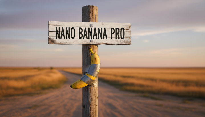 A wooden road sign that reads ‘Nano Banana Pro’ with a banana taped to the post, standing on a rural dirt road at sunset