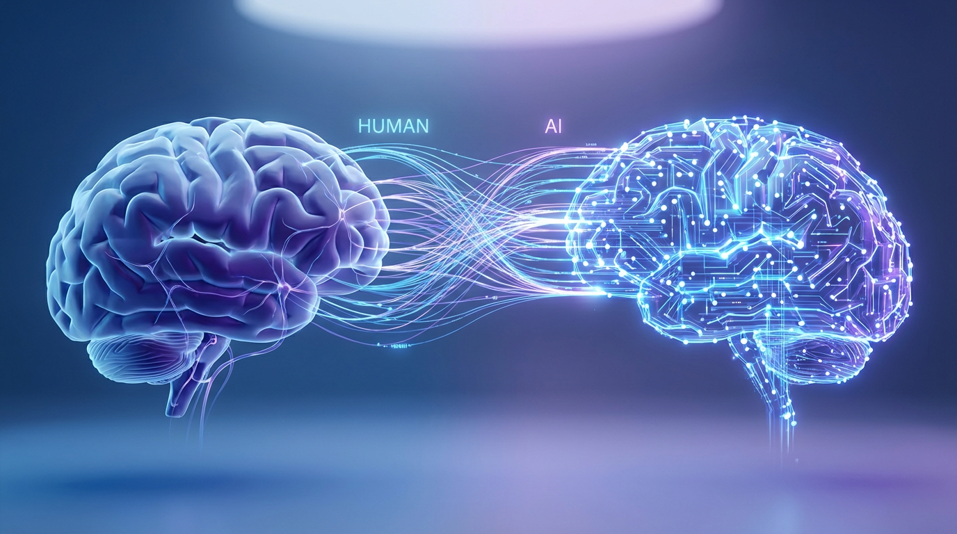 (A conceptual visualization showing the flow of information between the human brain and an AI system, representing augmented intelligence and collaborative processing.)