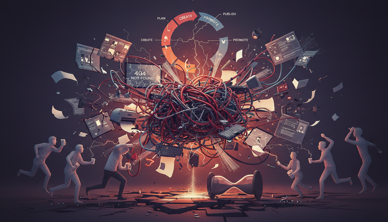 (An abstract visual metaphor illustrating chaotic manual content workflows, symbolized by tangled cables and scattered tasks before automation streamlines the process.)