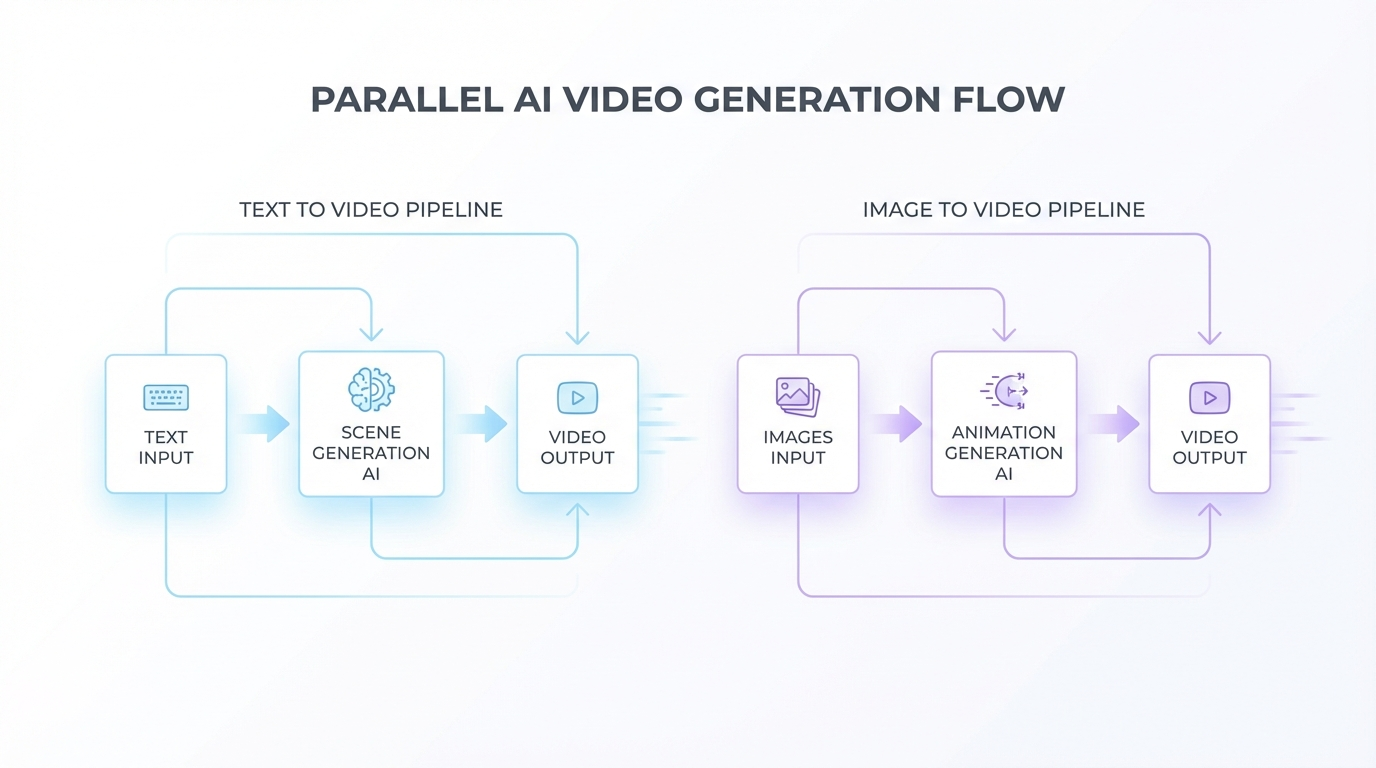 (AI video generation flow diagram comparing text to video and image to video pipelines in a clean modern style)