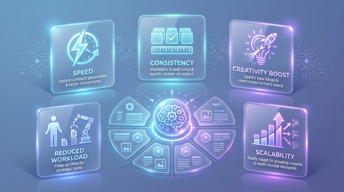 (A modern infographic illustrating the key benefits of AI driven content automation including speed consistency, creativity reduced workload and scalability.)