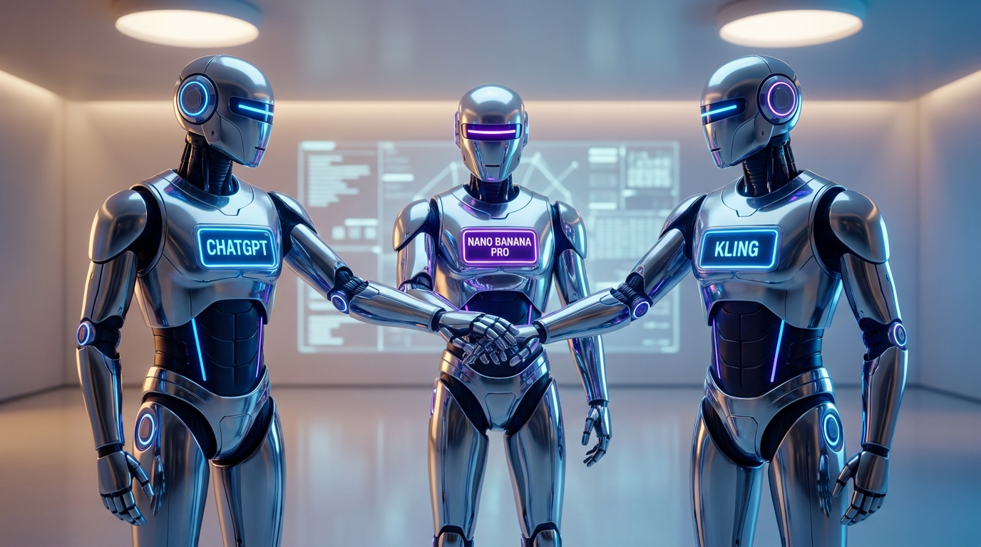 (Three advanced humanoid AI models labeled ChatGPT, Banana Pro and Kling standing side by side and holding hands, symbolizing collaboration across next generation AI systems.)