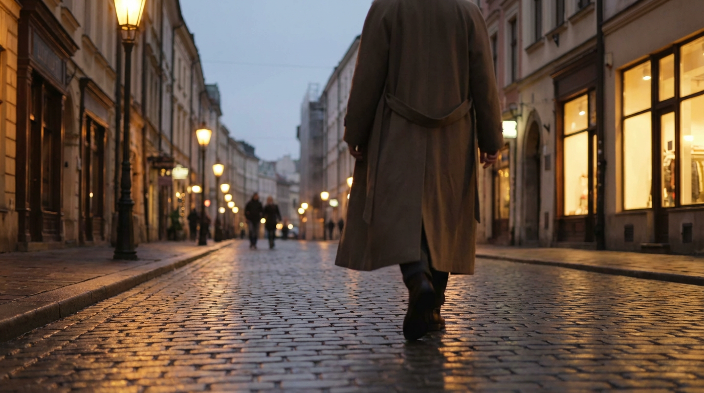 A cinematic video of a person walking slowly through a quiet city street at dusk, soft camera tracking, natural motion, warm lighting, calm and atmospheric mood