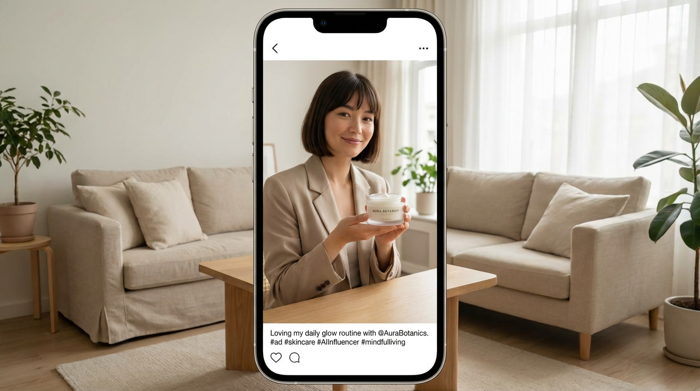 An AI influencer featured in a lifestyle product promotion scene