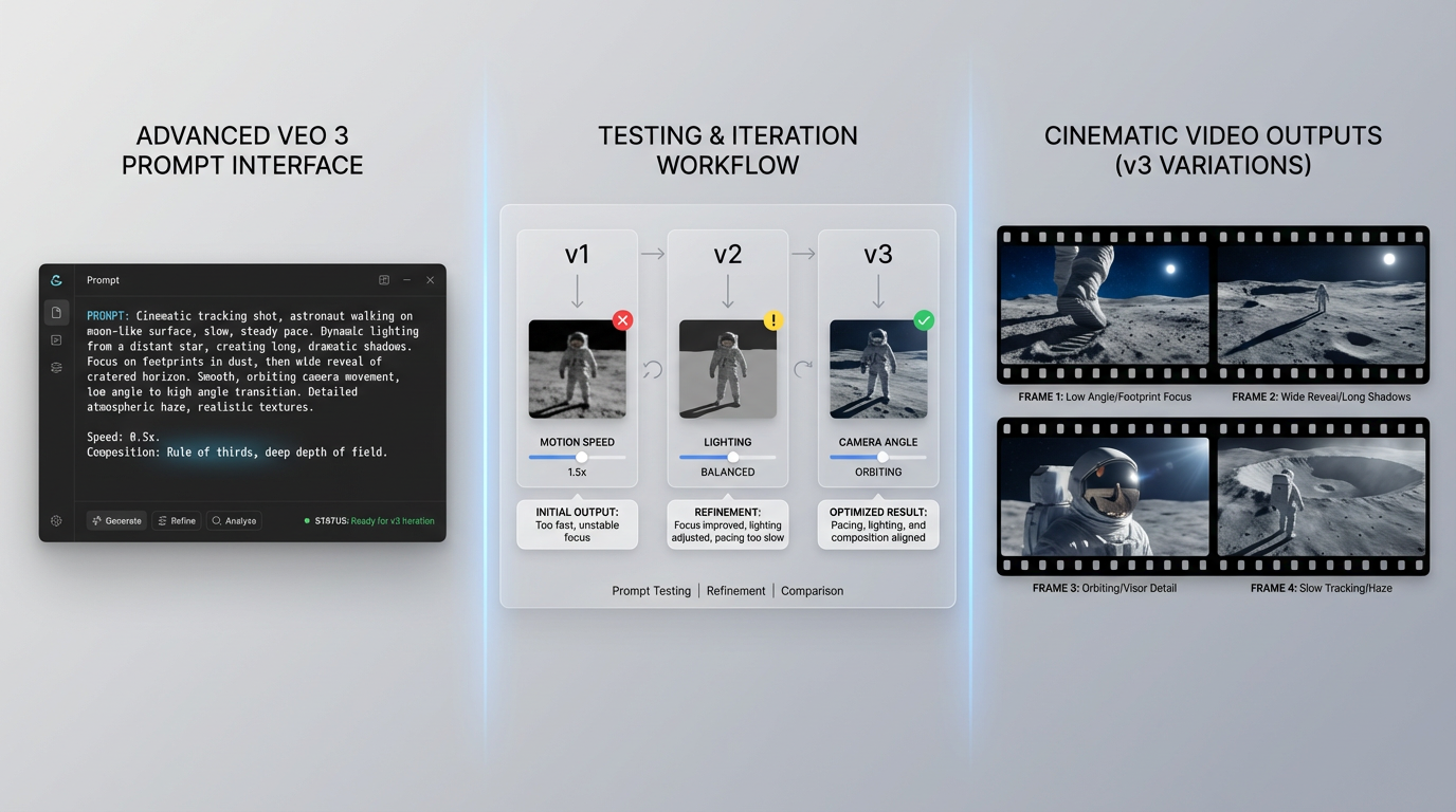 Advanced Veo 3 prompt testing workflow showing iteration, refinement, and cinematic video output comparisons.