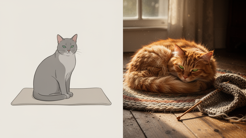 Split-view comparison showing a simple illustrated cat on the left and a photorealistic ginger cat resting on a sunlit rug on the right, highlighting the transition from illustration to realism