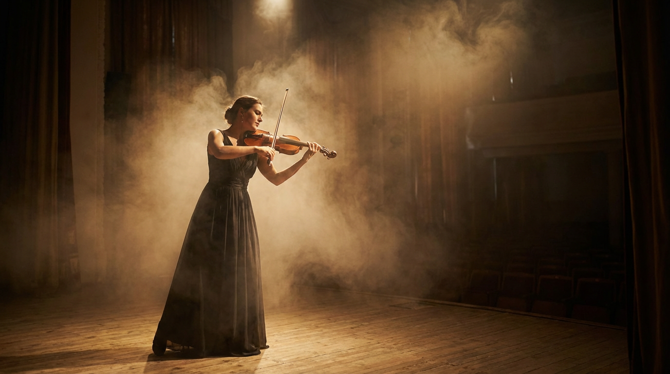 A solitary violinist performing under warm stage lights, surrounded by drifting smoke—capturing a quiet moment of emotion, focus, and classical elegance.