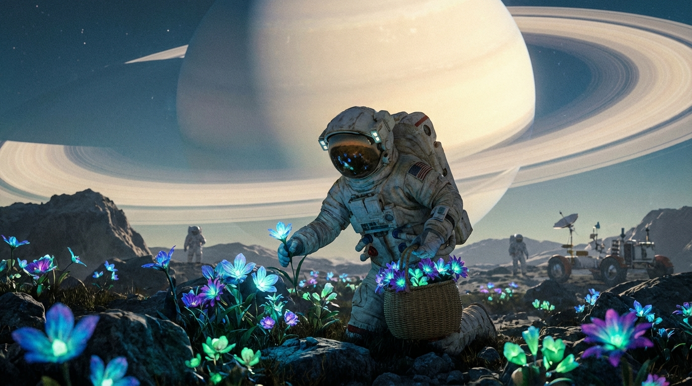 An astronaut gently picking colorful flowers growing on the surface of a massive alien planet. 