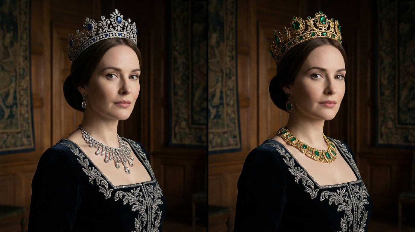 Crown and necklace replacement on the same subject using AI.