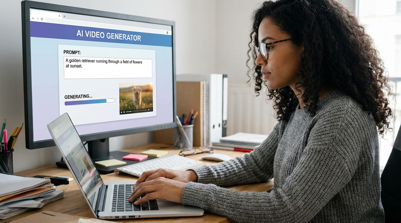 A woman generating a text-to-video scene on her computer, with the prompt and generated video visible on screen.