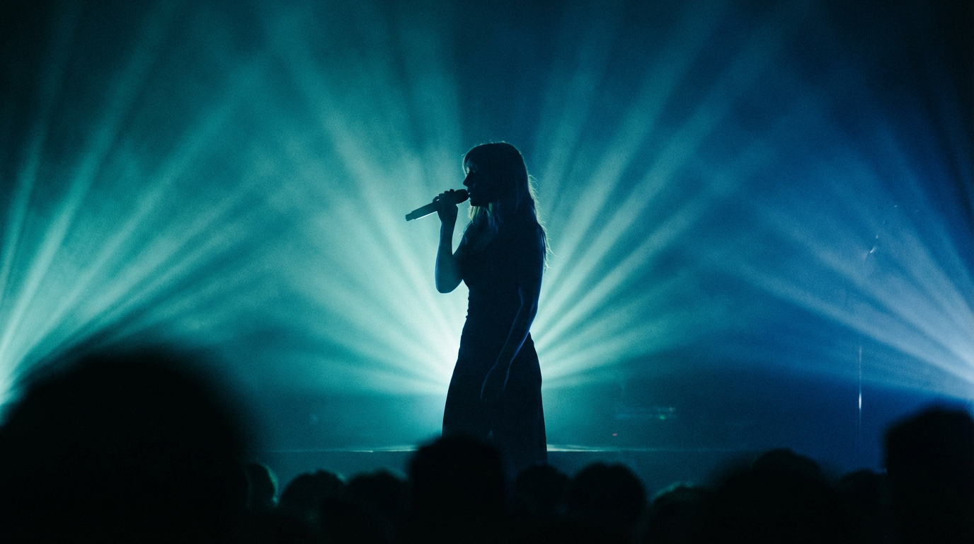 A lone vocalist in silhouette, illuminated by radiant stage lights—where emotion takes center stage.