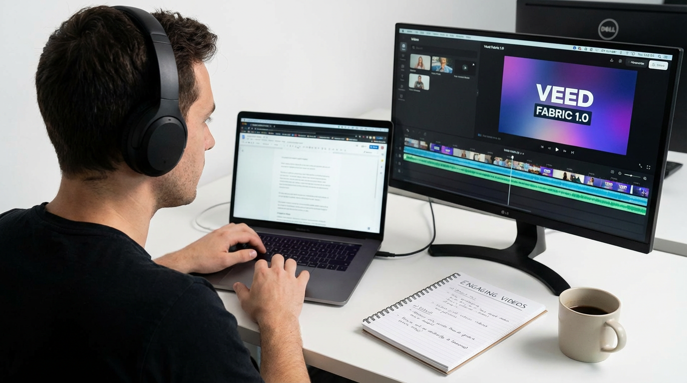A content creator editing a video using VEED Fabric 1.0, showcasing a modern AI powered video workflow with timeline editing, audio tracks, and a focused production setup.”