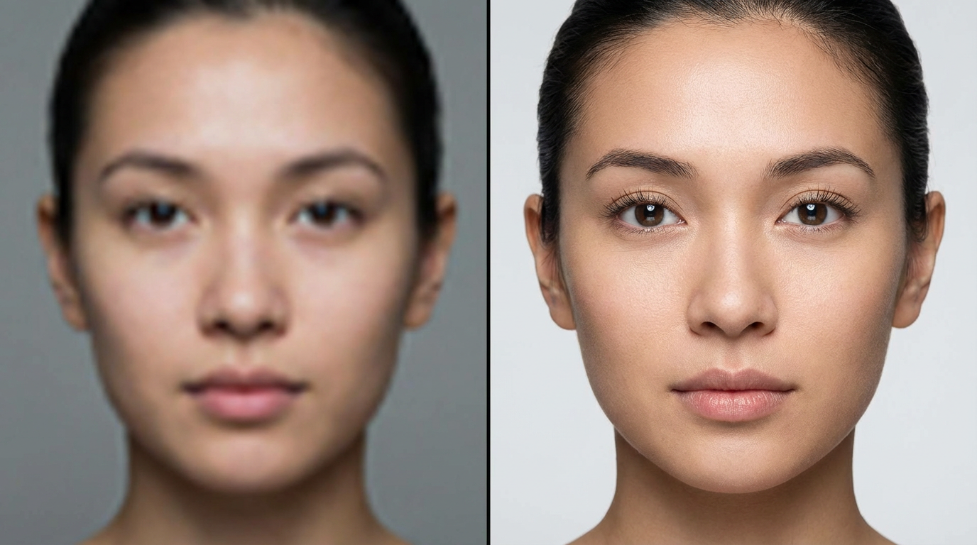 Face upscaling comparison showing enhanced detail and clarity after AI processing.