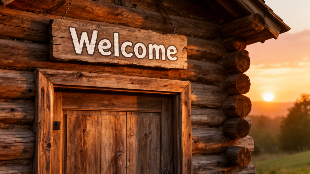 A rustic wooden cabin door with a hand-painted sign above it that reads 'Welcome' in a friendly, slightly worn font, photorealistic, during a golden hour sunset.