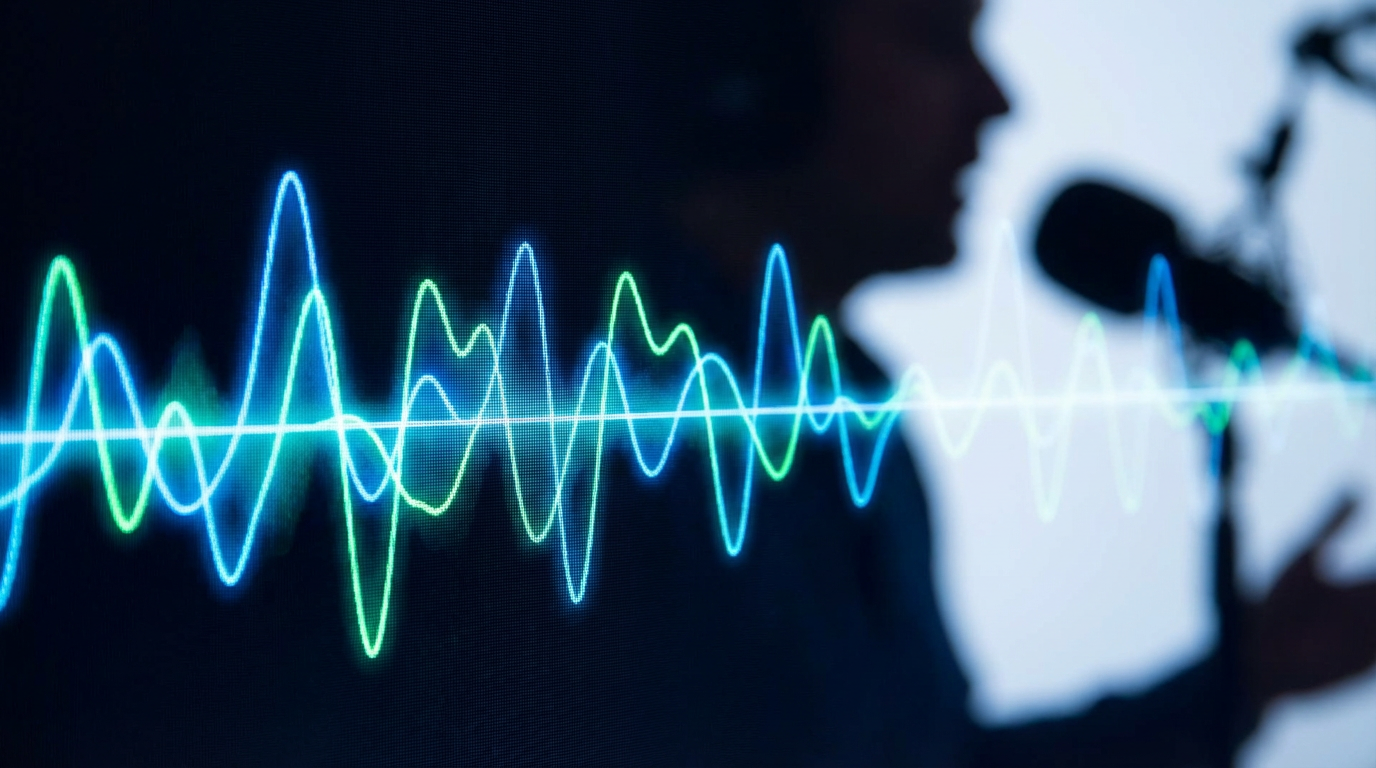 Voice waveforms visualize how AI transforms emotion and tone into dynamic storytelling.