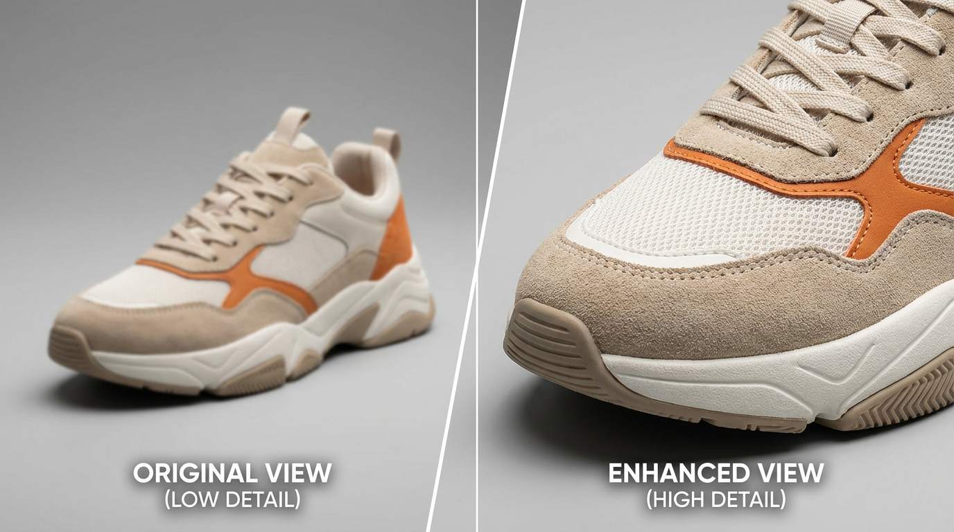 Side by side comparison showing a blurred sneaker image on the left and a zoomed, sharp detail view on the right, highlighting improved clarity and material detail for e commerce and marketing visuals.