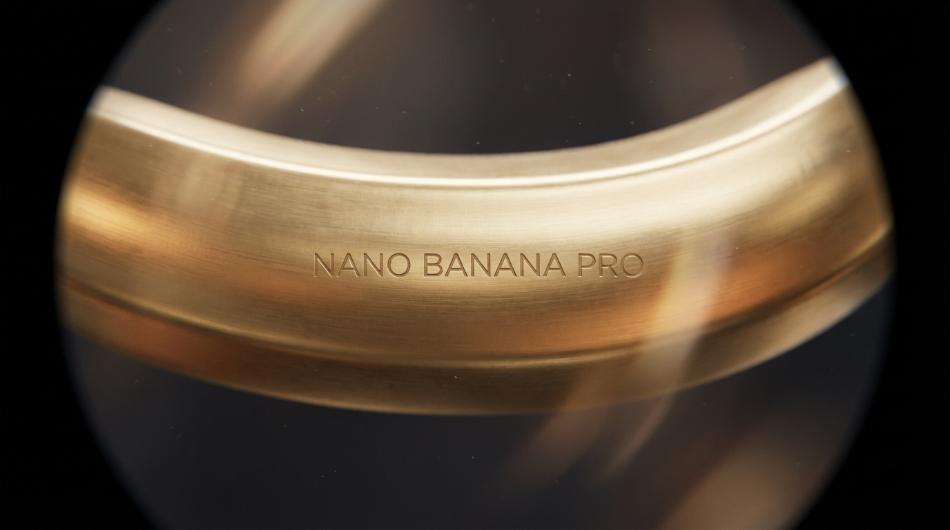 A macro close-up of a brushed gold surface engraved with “Nano Banana Pro,” highlighting premium craftsmanship and exceptional AI image output quality