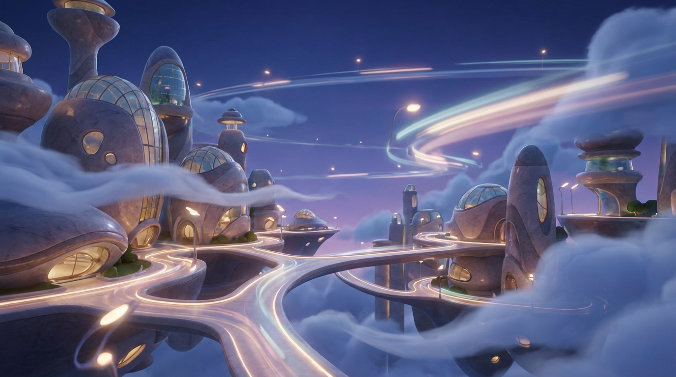 A static illustration of a surreal city transformed into a smooth video, subtle camera drift, moving lights and clouds, gentle environmental motion, cinematic mood, clean and professional AI-generated video.