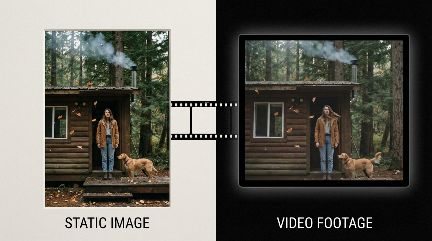 A split-frame cinematic composition demonstrating image-to-video transformation.