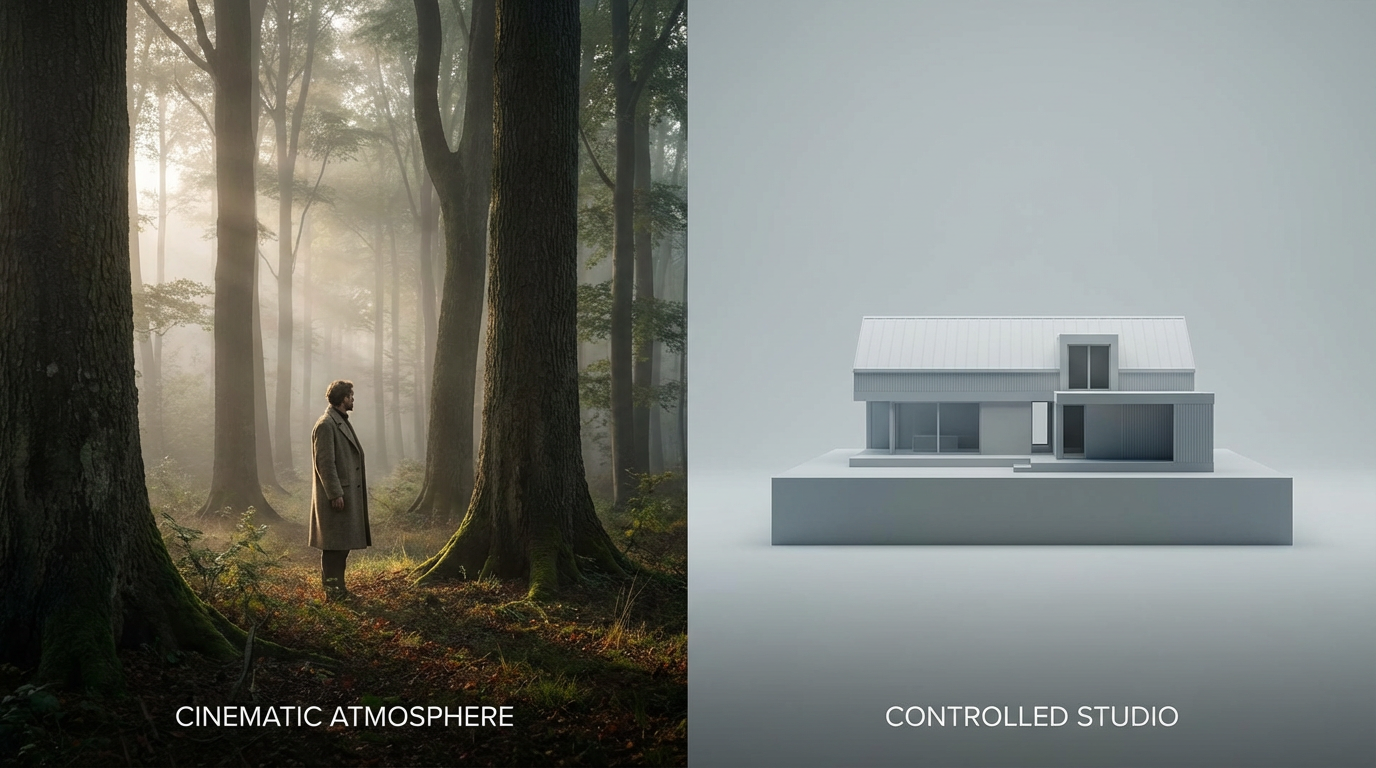 Cinematic depth versus controlled precision—two distinct approaches to AI image generation.