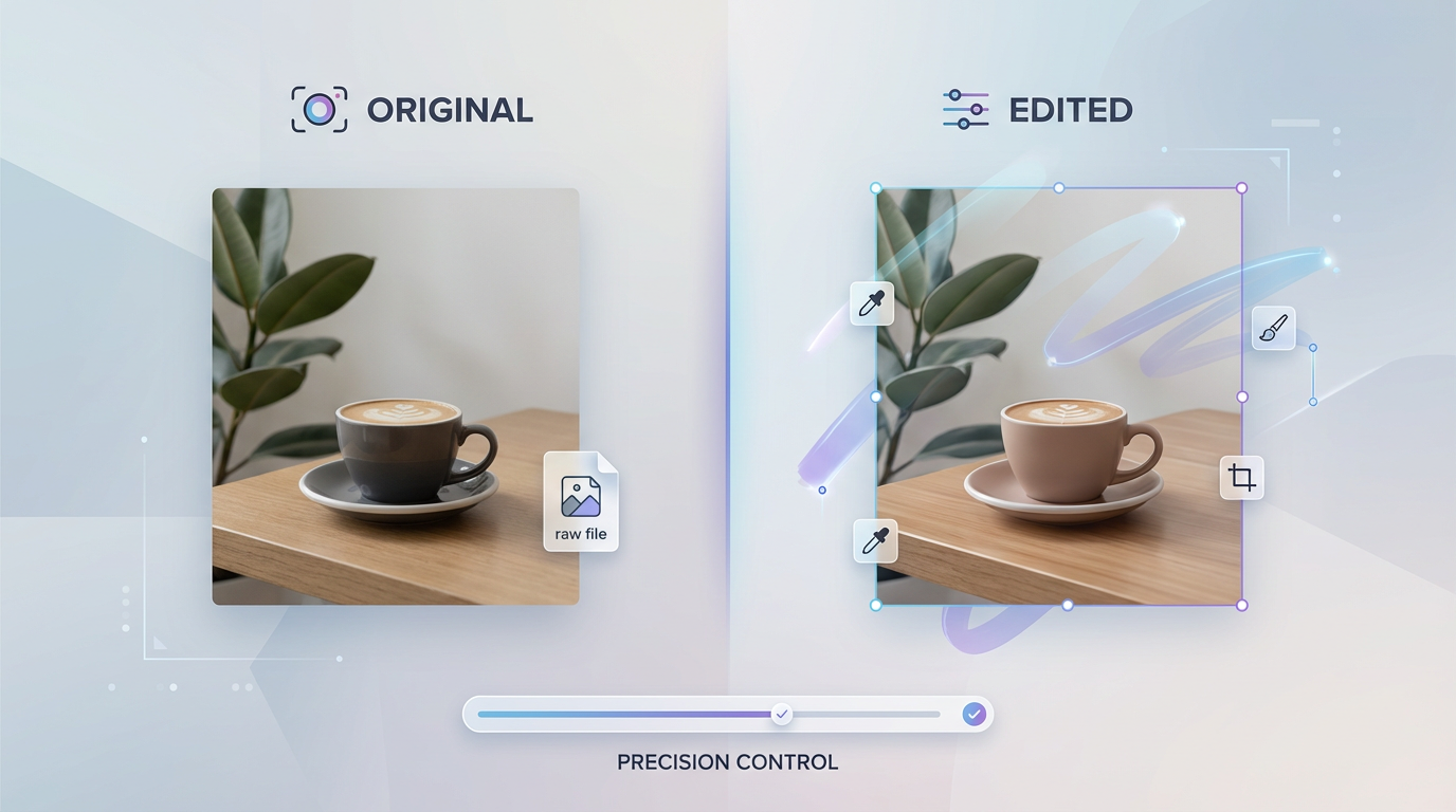 Side by side visual showing an original image and an edited version, highlighting precise image adjustments and controlled edits using an AI image editing interface.