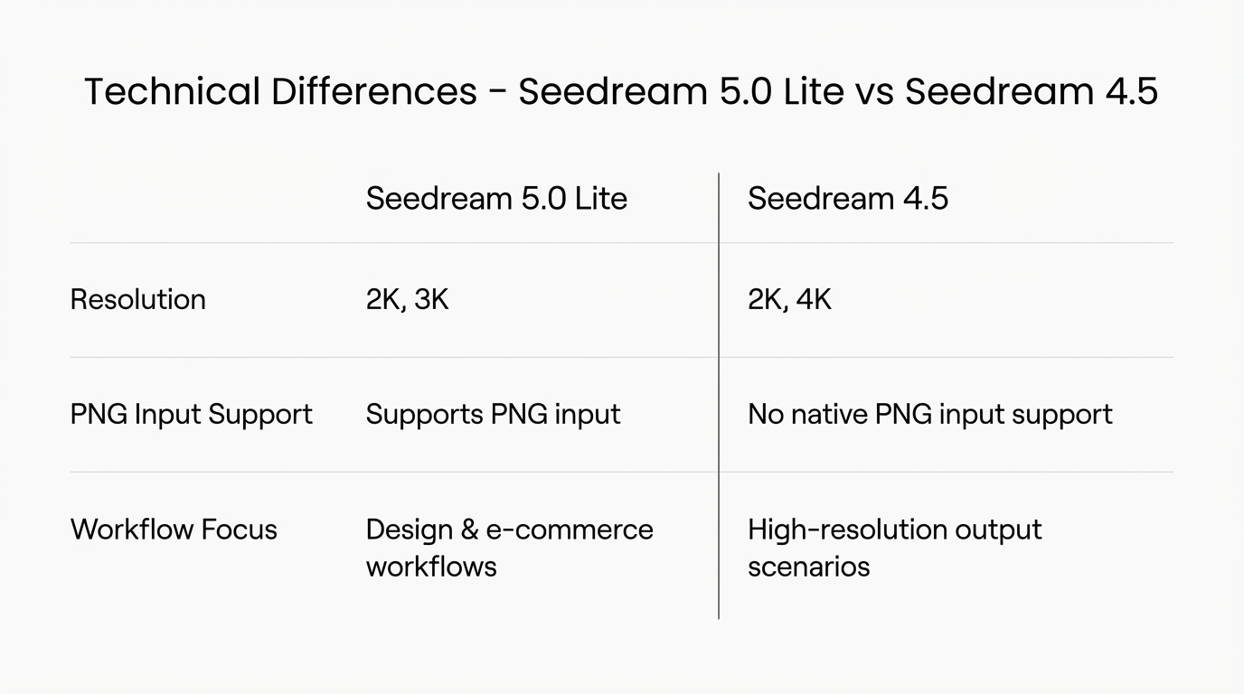 A simplified technical comparison highlighting resolution limits, PNG input support, and workflow positioning differences between Seedream 5.0 Lite and Seedream 4.5.