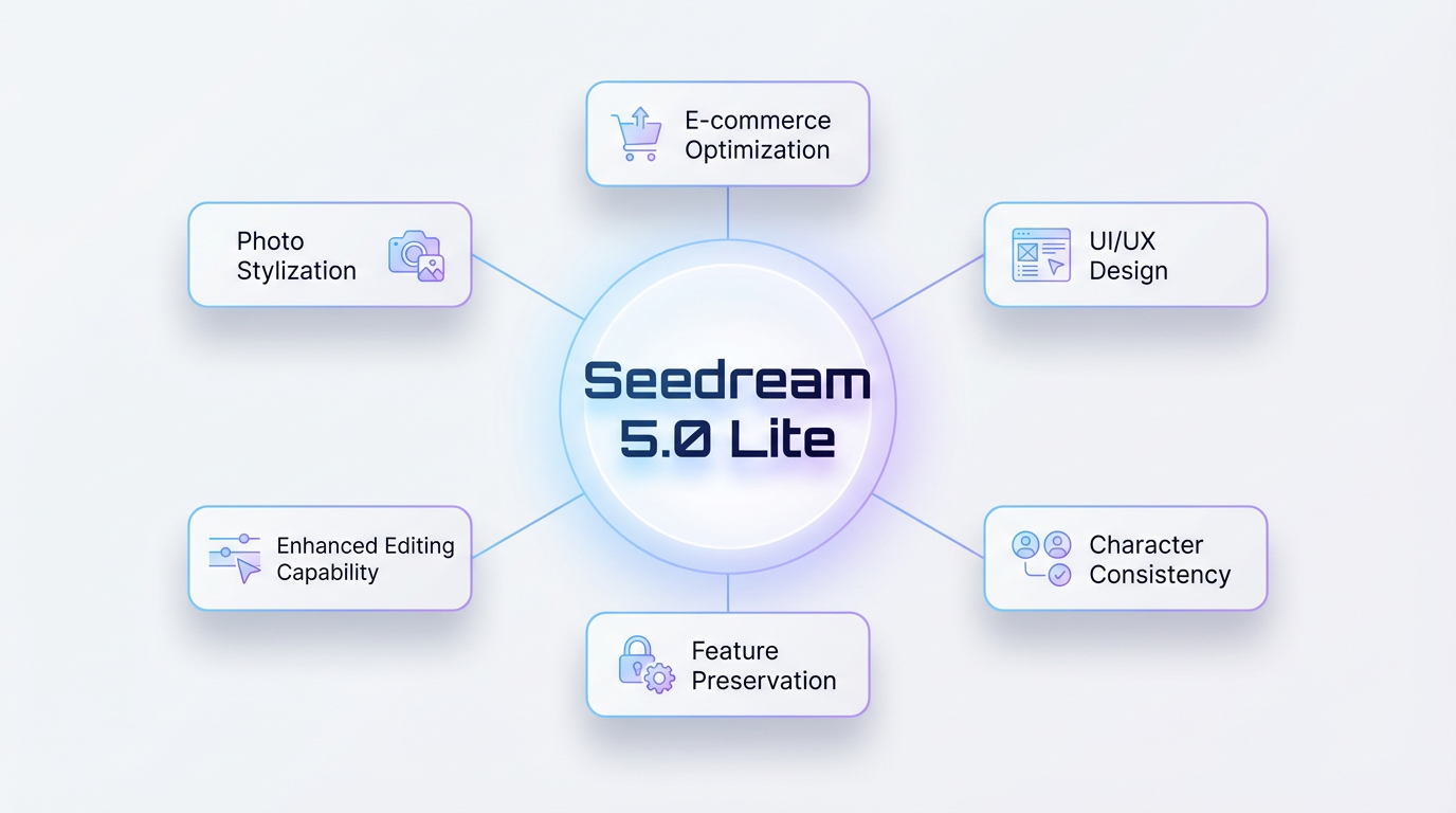 Infographic highlighting Seedream 5.0 Lite strengths including e-commerce optimization, UI/UX design, character consistency, feature preservation, enhanced editing, and photo stylization.