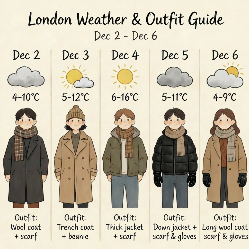 London weather and outfit guide showing five-day forecast with illustrated winter clothing recommendations.