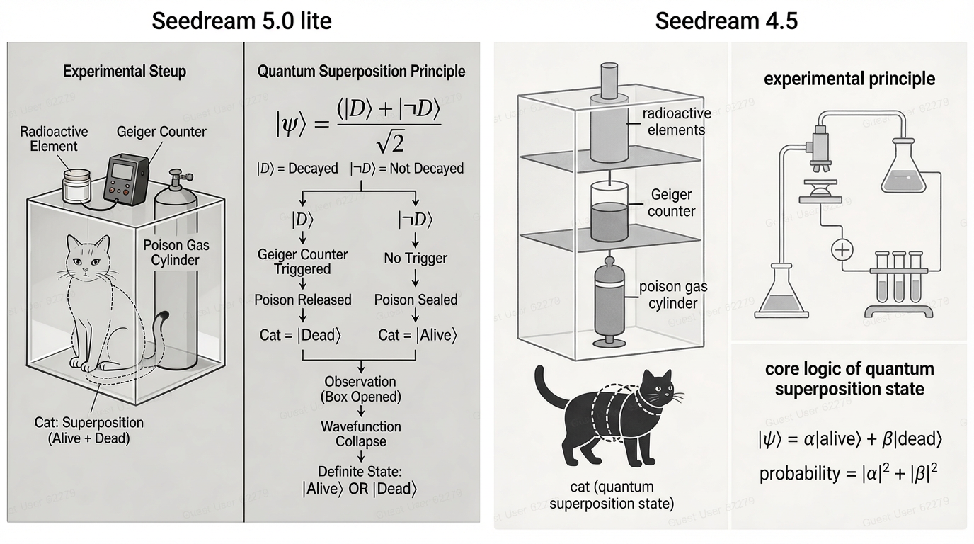 Side-by-side infographic comparing two versions of Schrödinger’s cat experiment.