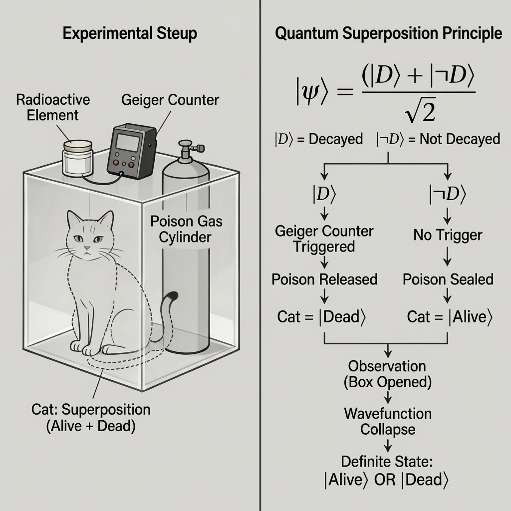 Diagram of Schrödinger’s cat experiment showing the box setup and quantum superposition principle with alive or dead outcomes.