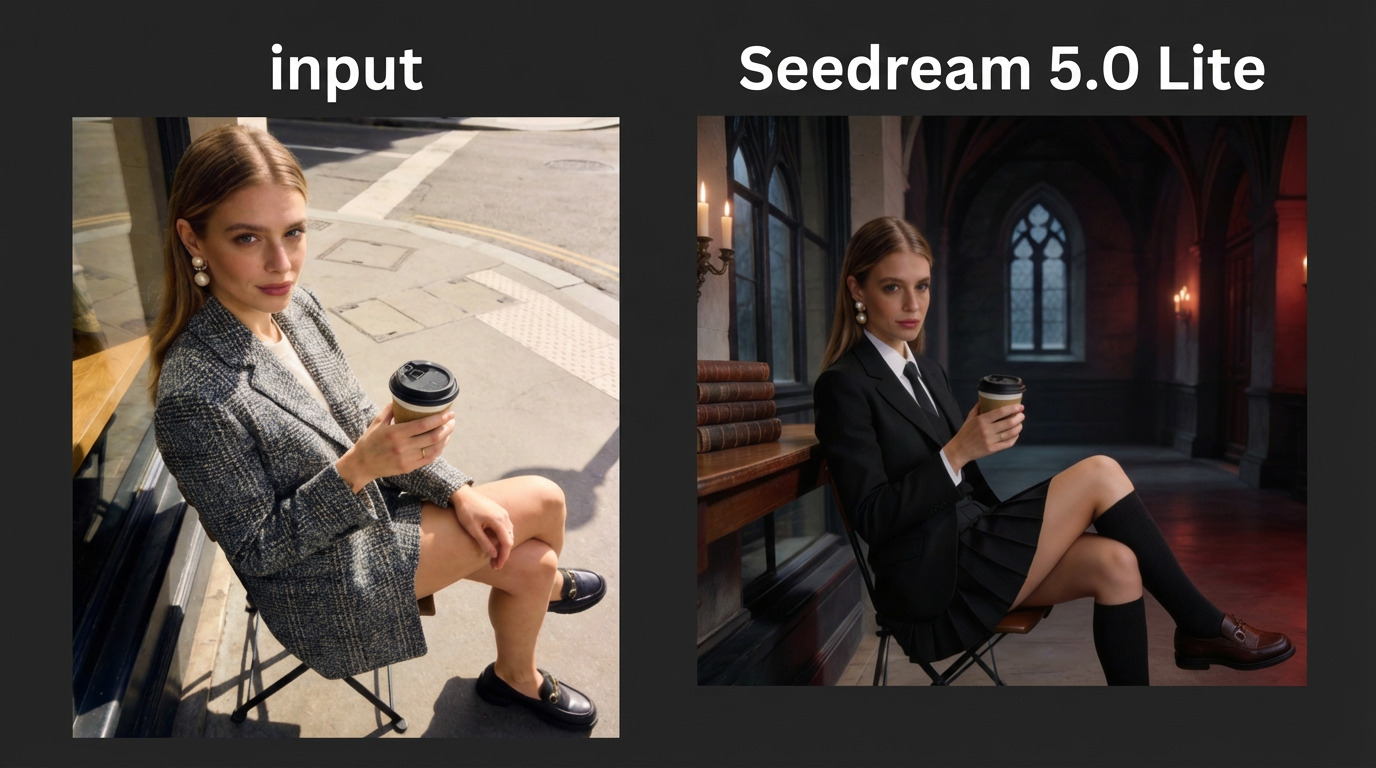 Input portrait of a young woman; output presents a refined cinematic transformation with preserved facial identity, enhanced styling, and a dramatically upgraded environment.
