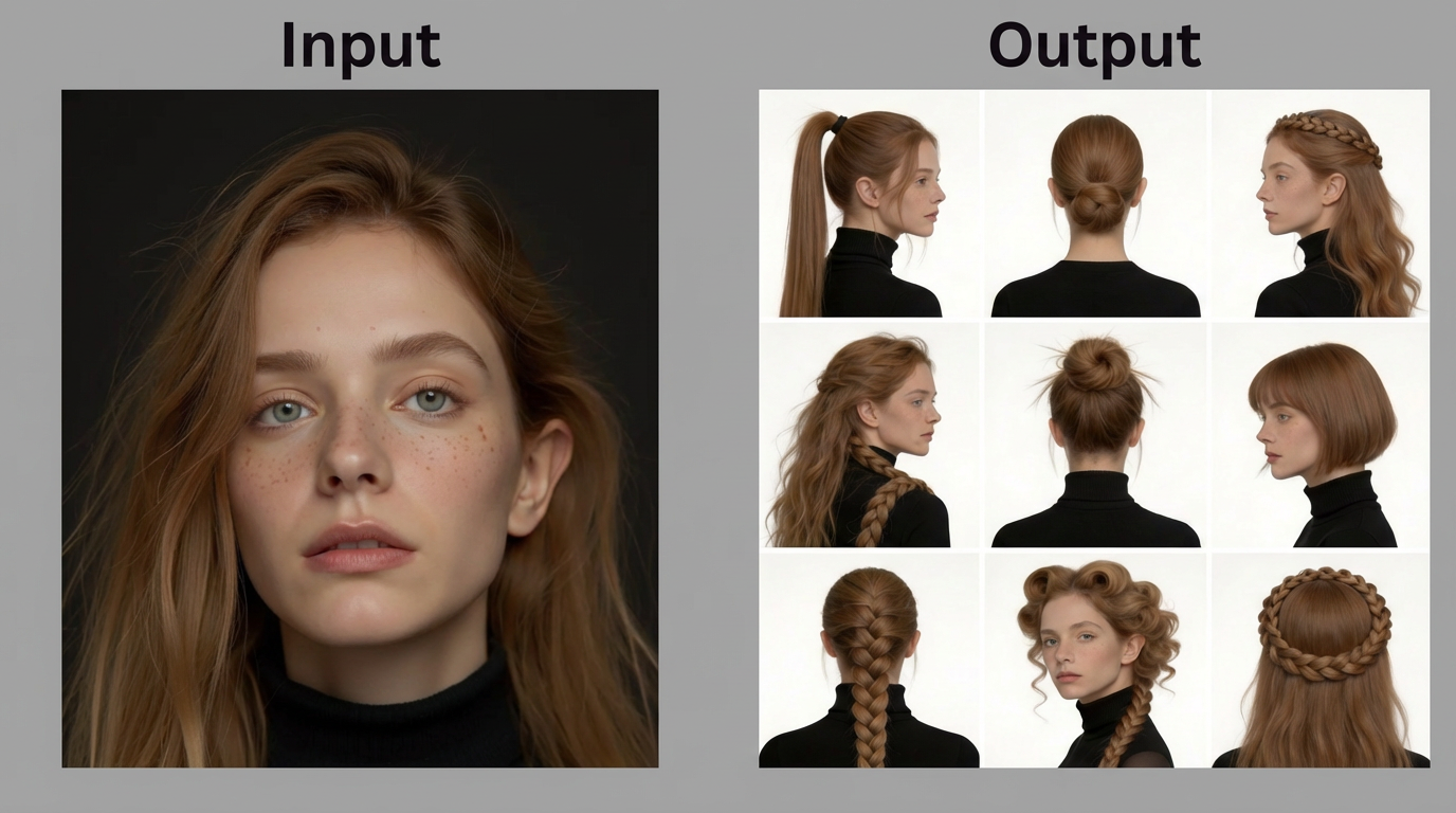 Input portrait of a young woman; output shows a 3x3 grid of nine different hairstyles with consistent facial features.
