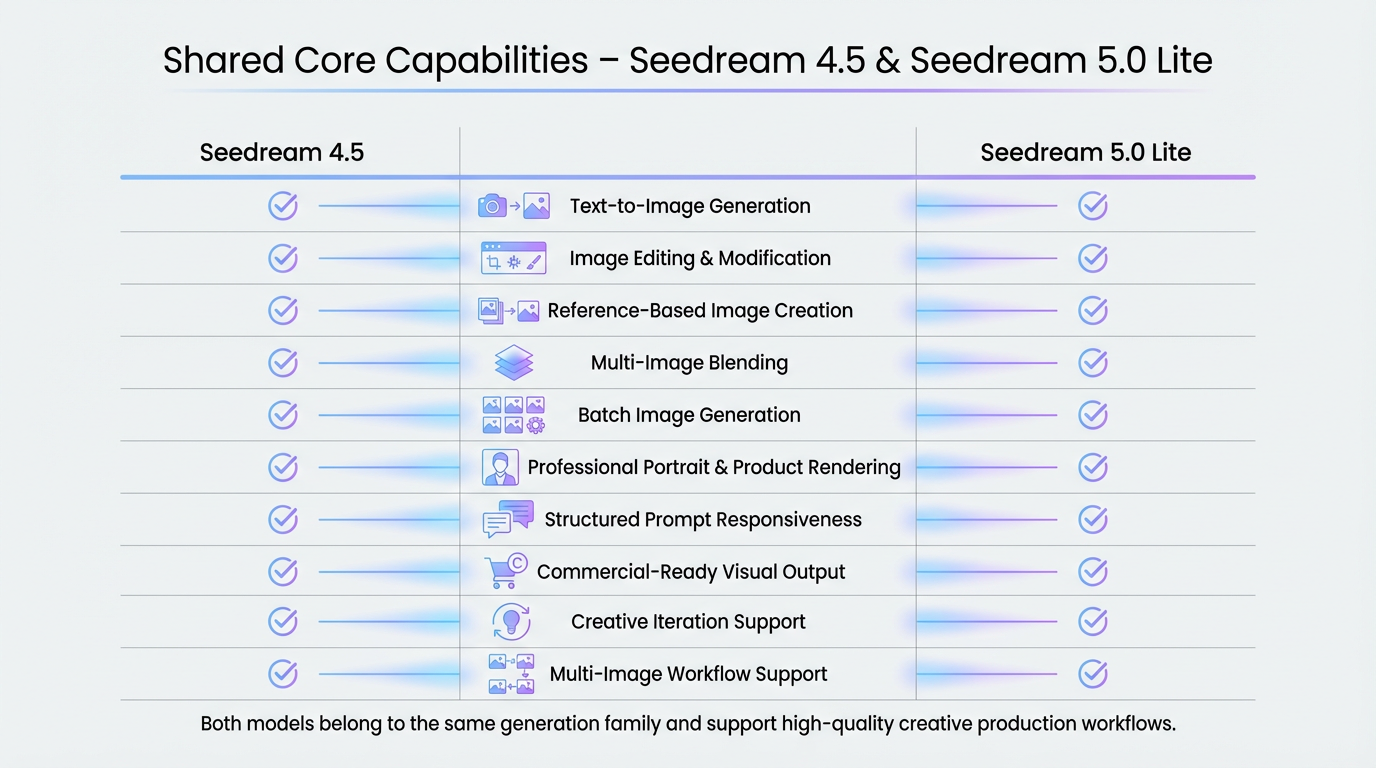 This infographic summarizes the common functionality of both models, emphasizing their shared strengths in text-to-image creation, editing, multi-image workflows, and commercial visual production.
