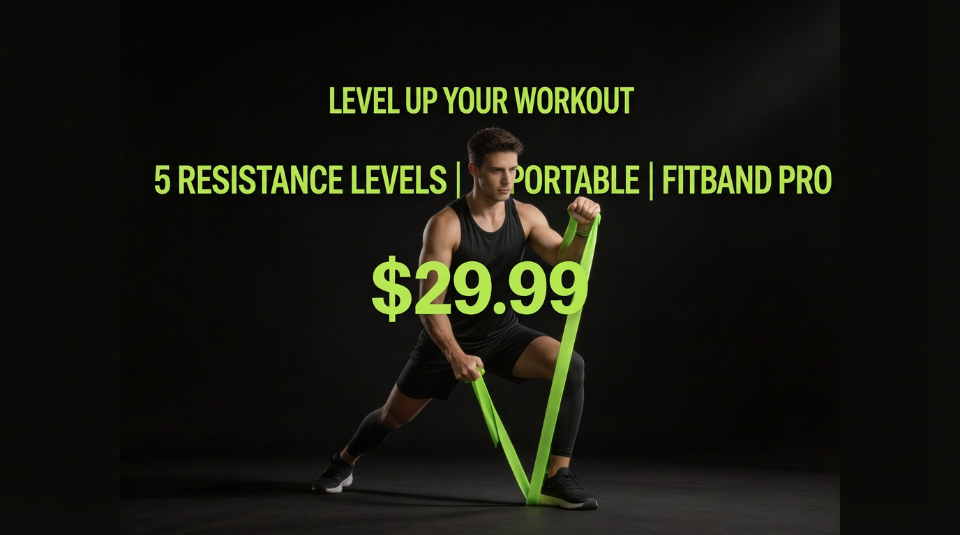 Fitness poster showing a man using a green resistance band with bold text advertising “Fitband Pro”
