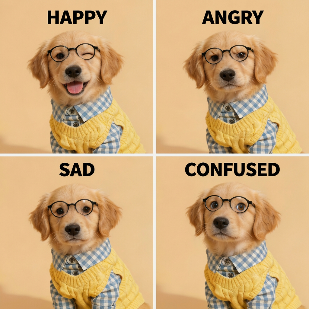 Four-panel image of a puppy wearing glasses and a yellow sweater, showing happy, angry, sad, and confused facial expressions.