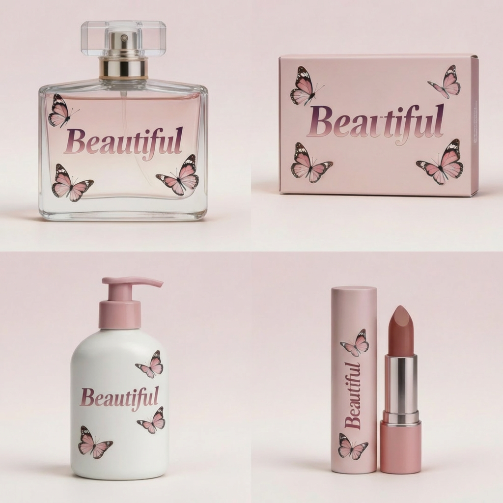 Soft pink beauty brand design featuring butterfly illustrations across perfume, skincare, and lipstick packaging with a cohesive, feminine visual identity.