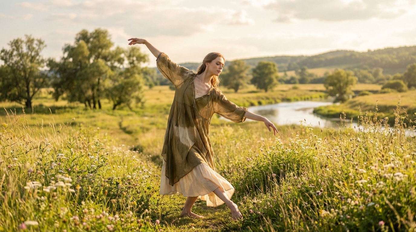A dancer moves freely through a sunlit meadow, where nature itself becomes the stage.