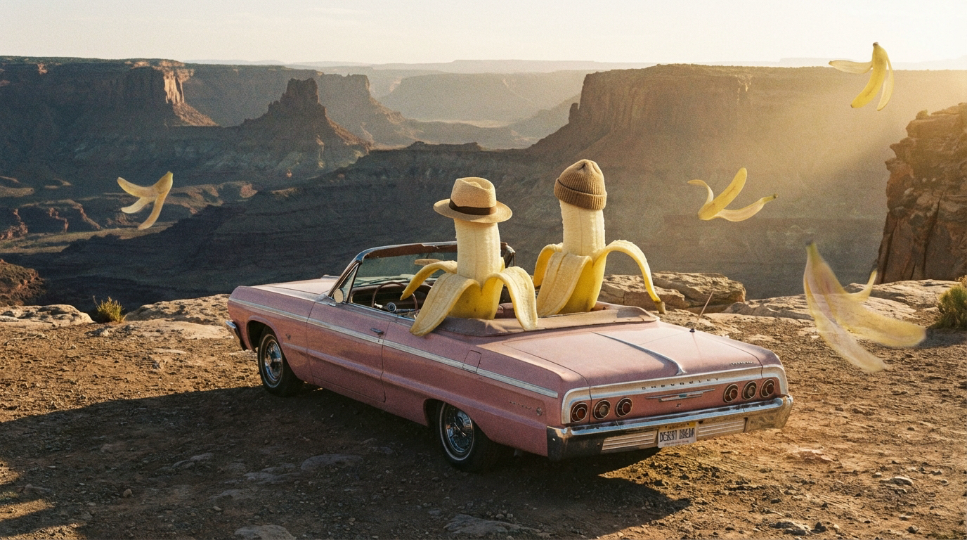 Surreal cinematic scene of two giant bananas riding in a vintage convertible at the edge of a desert canyon during golden hour. Generated with Nano Banana 2.