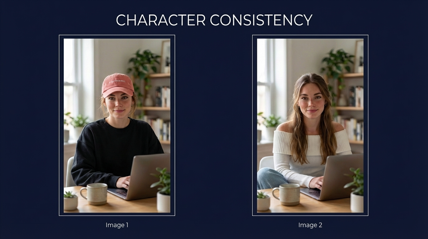 Character consistency example showing the same AI-generated person across different images. Generated with Nano Banana 2.