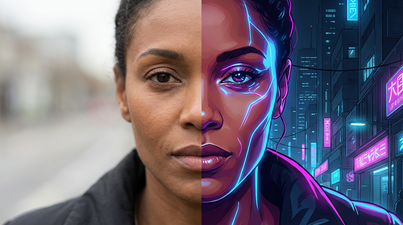  Identity preservation holds facial geometry intact through dramatic style transformations.