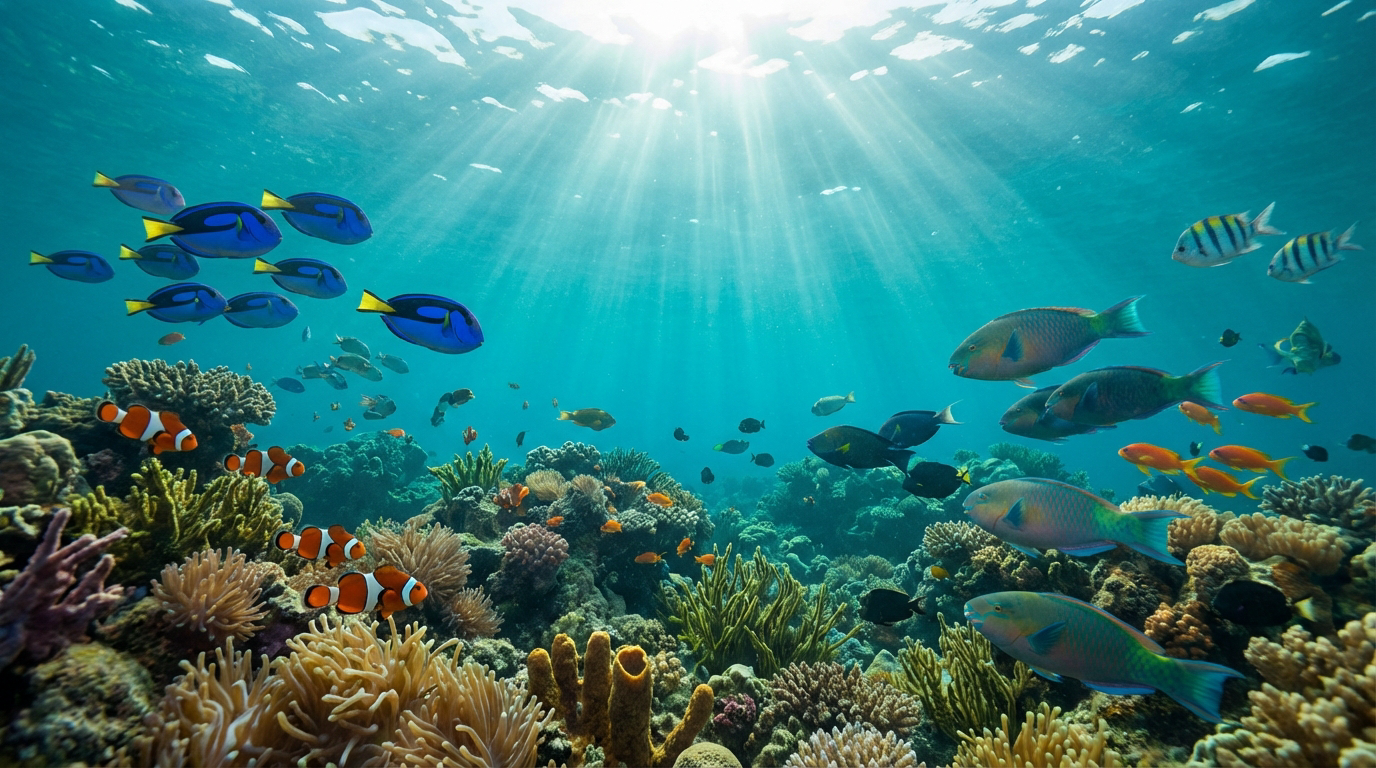 A photorealistic coral reef scene with accurate underwater light shafts, volumetric water clarity, and species-accurate fish detail.