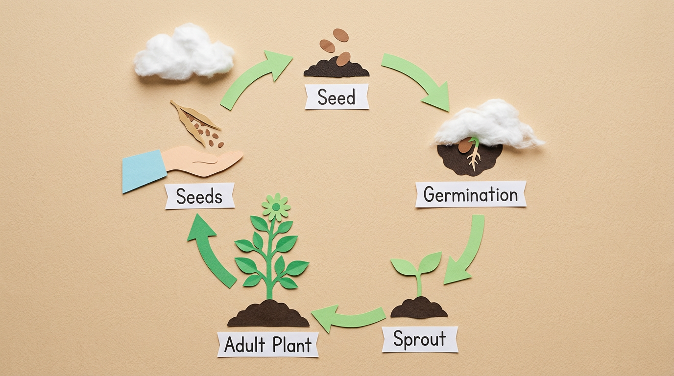 AI-generated plant growth cycle diagram demonstrating clear and readable text in images. Generated with Nano Banana 2.