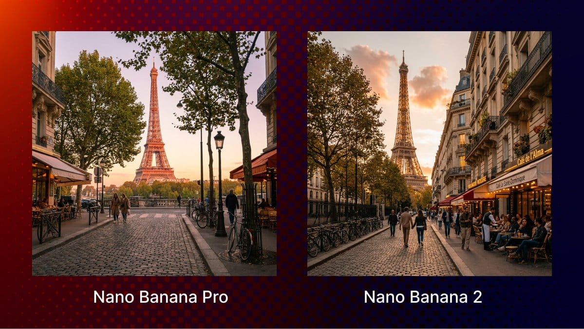 Travel scene comparison of the Eiffel Tower at golden hour, generated with Nano Banana Pro and Nano Banana 2.