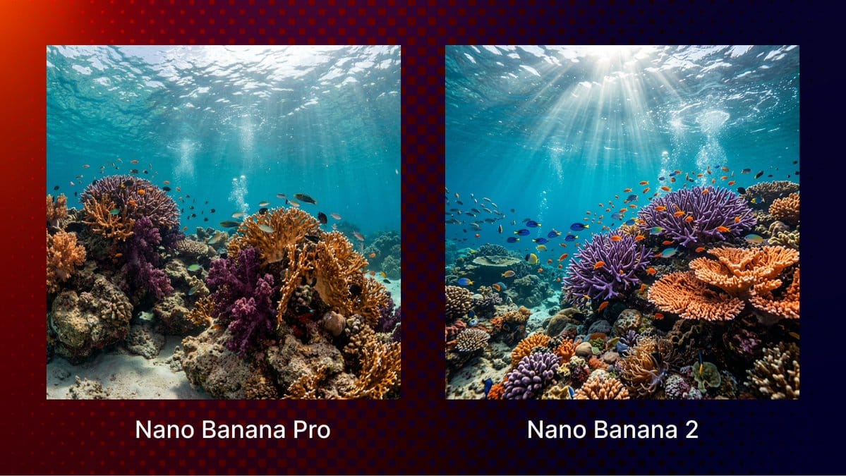 Underwater coral reef scene comparison between Nano Banana Pro and Nano Banana 2, highlighting detail, color, and lighting in AI-generated images.