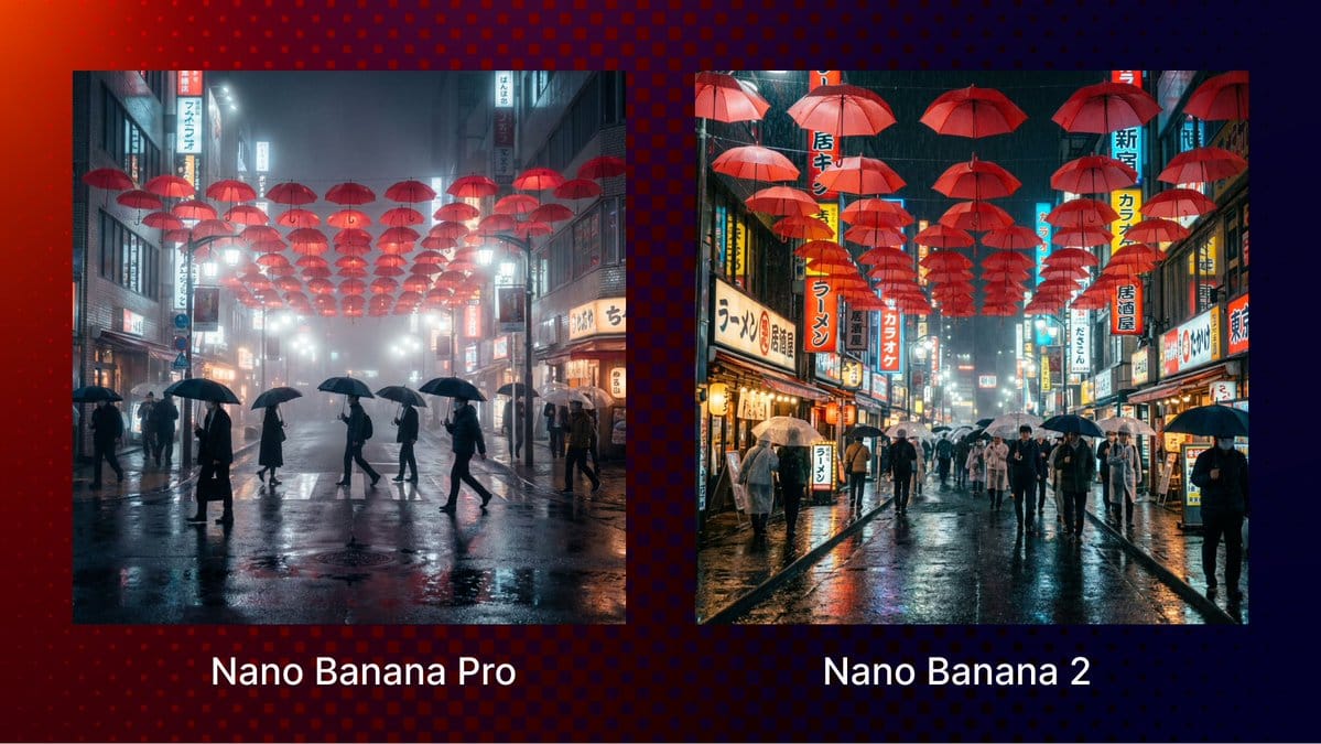 Cinematic rainy Tokyo street scene with floating red umbrellas, comparing images generated by Nano Banana Pro and Nano Banana 2.