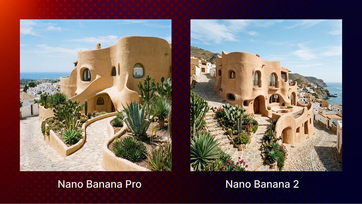 Architectural scene comparison between Nano Banana Pro and Nano Banana 2, featuring a sculptural adobe house with curved walls and rounded windows.