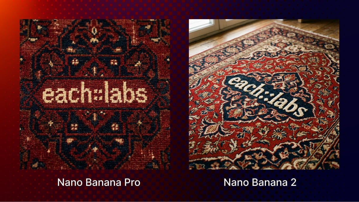 Comparison of text rendering on a patterned rug between Nano Banana Pro and Nano Banana 2, highlighting improved typography and detail in generated images.