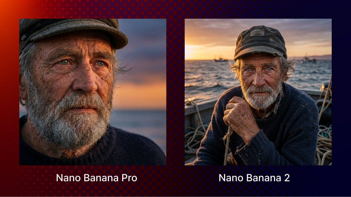 Comparison of portrait generation between Nano Banana Pro and Nano Banana 2, highlighting improvements in realism, lighting, and facial detail.