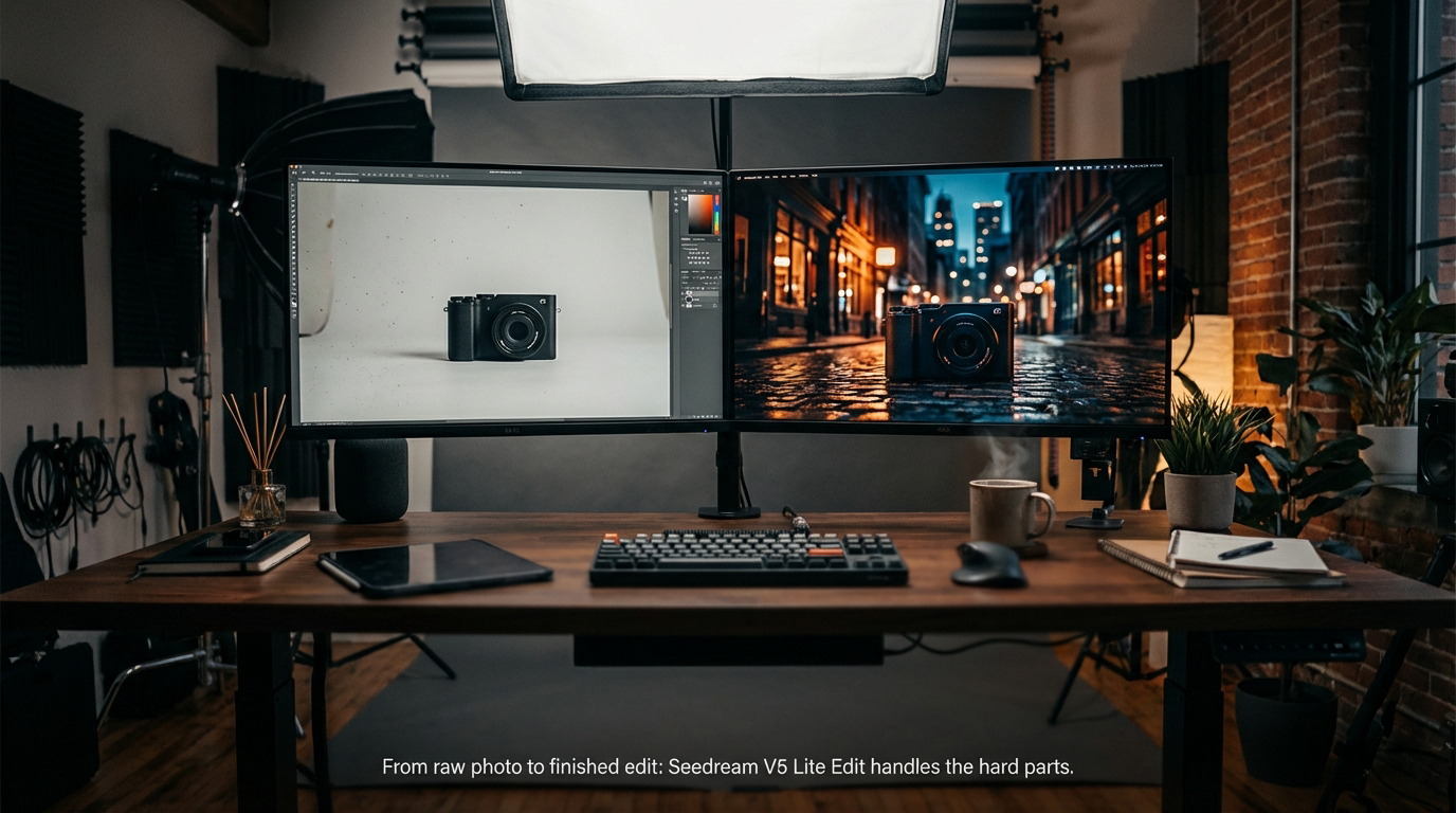 Studio white seamless on the left, rain-slicked cobblestone alley on the right: Bytedance Seedream V5 Lite Edit moved the same camera into a completely different world with one prompt.